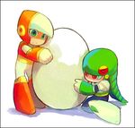  android chibi crashman egg forked_tongue frame from_side green_eyes helmet jiayulong multiple_boys red_eyes robot rockman rockman_(classic) rockman_2 rockman_3 shadow simple_background sitting slit_pupils snakeman standing tongue tongue_out white_background 