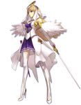  ar_tonelico ar_tonelico_ii blonde_hair chroche_latel_pastalie elbow_gloves gloves gust hair_ornament high_heels long_hair looking_down purple_eyes shoes solo sword weapon wings 