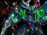  blue_eyes cowboy_shot electricity energy glowing horns looking_at_viewer mecha no_humans persoenlichkeit red_eyes simple_background soulgain standing super_robot_wars super_robot_wars_original_generation tro 