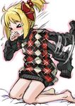  &gt;_&lt; alternate_hairstyle argyle bare_legs barefoot blush closed_eyes contemporary coughing hair_bobbles hair_ornament kingin kneeling long_sleeves oversized_clothes ponytail rumia sleeves_past_wrists solo sweater touhou 