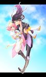  1girl :q aqua_eyes ayatsuji_mia black_hair boots carrying couple dress estellise_sidos_heurassein gloves grey_footwear hetero highres knee_boots letterboxed long_hair pink_hair princess_carry tales_of_(series) tales_of_vesperia tongue tongue_out white_gloves yuri_lowell 