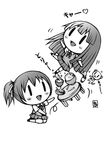  akiyama_mio bear bowl chibi chopsticks greyscale heart highres hirasawa_ui k-on! long_hair monochrome multiple_girls onigawara ponytail rice school_uniform short_hair simple_background table white_background 