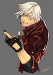  blue_eyes dante_(devil_may_cry) devil_may_cry fingerless_gloves gloves grey_background grin hiryuu_(kugelcruor) jacket male_focus simple_background smile solo white_hair 