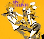  1girl bow character_name dual_persona food fruit genderswap genderswap_(ftm) highres holding_hands kagamine_rin kagamine_rinto kunieda_(miniaturegarden) orange short_hair shorts vocaloid 