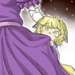  animal_ears blonde_hair child cling clothes_grab covering_mouth dress dress_grab elbow_gloves fox_ears fox_tail gloves hiding leex multiple_girls petals purple_dress short_hair tail touhou white_gloves yakumo_ran yakumo_yukari yellow_eyes younger 