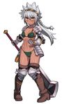  adapted_costume anger_vein armor bikini bikini_armor blush boots braid choker collarbone dark_skin gauntlets greaves green_eyes highres ikusa_mitsurugi long_hair looking_at_viewer navel pigeon-toed planted_sword planted_weapon senshi_ikusa shinrabanshou silver_hair simple_background solo spiked_knuckles spikes swimsuit sword thigh_boots thighhighs twin_braids weapon white_background yu_65026 