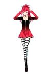  absurdres boots cosplay cul dress full_body headphones highres long_hair ponytail red_eyes red_hair simple_background solo striped striped_legwear thighhighs vient vocaloid vy1 vy1_(cosplay) 