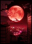  border building cityscape cloud full_moon highres md5_mismatch mocha_(cotton) monochrome moon no_humans original red red_moon red_sky scenery sky 