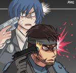  ayyk92 blood blue_hair brown_hair crossover death gun handgun headband metal_gear_(series) metal_gear_solid multiple_boys nintendo persona persona_3 short_hair solid_snake super_smash_bros. super_smash_bros._ultimate weapon yuuki_makoto 