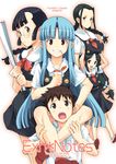  4girls :d black_hair blue_eyes blue_hair braid breast_grab breast_lift breast_rest breasts breasts_on_head brown_eyes brown_hair chikaishi_chisato copyright_name dress glasses grabbing green_eyes grin hagiya_masakage holding kagami_kazuya kiriha_(tsugumomo) kokuyou kukuri_(tsugumomo) long_hair multiple_girls open_mouth pinafore_dress pointy_ears red_eyes small_breasts smile tsugumomo twin_braids twintails 