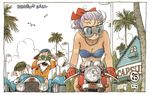  arrow bikini bird bow bulma car copyright_name directional_arrow dragon_ball dragon_ball_(classic) gloves goggles ground_vehicle hair_bow jewelry motor_vehicle motorcycle muten_roushi necklace official_art oolong outdoors pig purple_hair sunglasses swimsuit toriyama_akira tree 