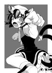 animal_ears blush cat_ears cat_tail chen dress fangs greyscale hat highres jewelry monochrome multiple_tails open_mouth paw_pose shoes short_hair single_earring socks solo tail touhou uousa-ou 