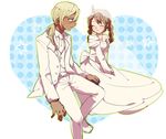  1girl bad_id bad_pixiv_id blonde_hair braid brother_and_sister brown_hair dress formal gamipo gouenji_shuuya gouenji_yuuka highres inazuma_eleven inazuma_eleven_(series) inazuma_eleven_go long_hair necktie ponytail siblings smile suit twin_braids wedding_dress 