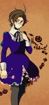  ahoge austria_(hetalia) axis_powers_hetalia blue_skirt brown_hair crossdressing glasses halloween happy_halloween holding_hands male_focus purple_eyes ribbon short_hair skirt sorabo sweatdrop 