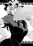  elbow_gloves fan folding_fan gloves greyscale hand_on_hip hat hat_ribbon highres long_hair monochrome open_mouth ribbon smile solo touhou uousa-ou yakumo_yukari 