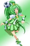  ball bare_legs boots choker cure_march eyelashes green green_choker green_eyes green_hair green_skirt highres long_hair magical_girl midorikawa_nao pleated_skirt ponytail precure skirt smile_precure! soccer_ball solo telstar tiara toryuu tri_tails vambraces very_long_hair 