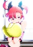  bare_shoulders cheerleader hair_ornament hair_ribbon hairclip halcyon japanese_flag looking_at_viewer midriff navel open_mouth original pom_poms purple_eyes red_hair ribbon short_twintails skirt smile solo twintails 