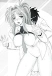  1girl :o blush bottomless breast_grab breasts facial_mark forehead_mark grabbing hetero highres kirishima_goro_(55541) large_breasts lindy_harlaown long_hair long_sleeves lyrical_nanoha mahou_shoujo_lyrical_nanoha monochrome necktie nipple_tweak nipples open_clothes pubic_hair pussy_juice saliva sex shirt_lift tears 