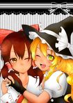  ;d ascot bare_shoulders blonde_hair border bow braid brown_eyes brown_hair buttons colorized detached_sleeves earrings eyelashes fang fingernails gloves hair_bow hair_tubes hakurei_reimu hands_on_shoulder hat hat_ribbon high_collar highres hug jewelry kirisame_marisa lace long_hair looking_at_another looking_at_viewer multiple_girls nail_polish one_eye_closed open_mouth ribbon short_sleeves single_braid smile star star_earrings striped striped_background teeth tongue touhou uma_(yui) upper_body vest witch_hat yellow_eyes 