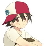  black_hair blush brown_eyes cap child hat male male_focus pokemon satoshi_(pokemon) shirt short_hair smile solo t-shirt 