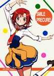 arm_up blush character_name clothes_around_waist copyright_name eyelashes grin hair_ornament hairclip hino_akane_(smile_precure!) loafers nanairogaoka_middle_school_uniform necktie precure red_eyes red_hair red_neckwear school_uniform shirono shoes short_hair sleeves_rolled_up smile smile_precure! solo sweater sweater_around_waist 