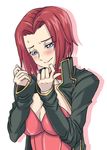  blue_eyes blush bow breasts bunnysuit code_geass detached_collar jacket kallen_stadtfeld large_breasts red_hair short_hair solo toryuu 