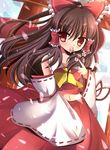  bare_shoulders branch brown_hair detached_sleeves hakurei_reimu highres holding long_hair looking_at_viewer navel ncatabc red_eyes solo touhou 