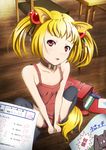  absurdres animal_ears backpack bad_id bad_pixiv_id bag bare_shoulders black_legwear blonde_hair collar hair_bobbles hair_ornament halcyon highres looking_at_viewer math original parted_lips randoseru red_eyes short_twintails shorts solo squatting tail thighhighs twintails 