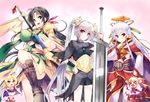  anger_vein black_hair blonde_hair blue_eyes boots breasts cape chair chibi closed_eyes enjutsu_kouro enshou_(sangoku_hime) glaive goban green_eyes hair_ornament hat highres kan'u_unchou_(sangoku_hime) kayuu_(sangoku_hime) large_breasts medium_breasts multiple_girls open_mouth polearm red_eyes sangoku_hime smile sousou_moutoku_(sangoku_hime) sword twintails weapon white_hair 