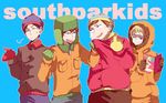  blonde_hair brown_hair closed_eyes clothes_grab coat eric_cartman gloves hat hood kenny_mccormick kyle_broflovski middle_finger multiple_boys playboy reading shrug sorceress_(akaponu) south_park stan_marsh winter_clothes 