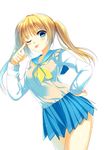  1girl :p blonde_hair blue_eyes highres long_hair mochiko_(mochiko3121) original school_uniform skirt smile tongue tongue_out twintails wink 