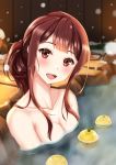  1girl bangs bare_shoulders bathing blunt_bangs blush breasts brown_hair cleavage collarbone fence hair_up head_tilt highres idolmaster idolmaster_million_live! idolmaster_million_live!_theater_days long_hair long_neck looking_at_viewer medium_breasts onsen open_mouth red_eyes round_teeth sidelocks smile snow snowing solo steam stone_floor tanaka_kotoha teeth water wooden_fence yuzu_(fruit) yuzu_bath yuzuyu_(hyui) 