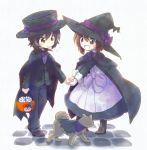  2girls :d alternate_costume animal_print bangs bear_print black_cape black_footwear black_hat black_jacket black_pants blazer blush_stickers boko_(girls_und_panzer) boots bow bowtie bucket cape commentary crossdressing dog dress fang frown girls_und_panzer halloween halloween_costume hand_holding hat hat_bow hat_ribbon highres holding jacket loafers long_dress long_sleeves looking_at_viewer moro_(like_the_gale!) multiple_girls nishizumi_maho nishizumi_miho open_mouth pants purple_bow purple_dress purple_neckwear purple_ribbon ribbon shiba_inu shoes short_hair simple_background smile standing stone_floor sweatdrop vampire_costume wavy_mouth white_background witch_costume witch_hat 