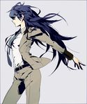  belt blazer blue_eyes blue_hair breasts detective domodesu expressionless formal hair_between_eyes highres hips jacket long_hair looking_away necktie older pant_suit persona persona_4 persona_x_detective profile serious shirogane_naoto small_breasts solo standing suit 