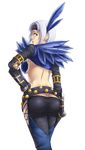  armor ass blue_eyes breasts cameltoe capcom character_request cleavage deep_rising feather feathers hypnocatrice_(armor) monster_hunter side_boob sideboob simple_background thor_(deep_rising) white_background white_hair 