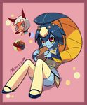  animal_ears apron bangs blue_skin blunt_bangs fins fish_girl hair_ornament imagining minette_(skullgirls) monster_girl ms._fortune_(skullgirls) purple_eyes shell skullgirls smile tail thighhighs tray waitress yellow_sclera yojio_(2188) 