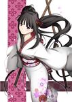  black_hair cherry_blossoms hair_ornament halcyon japanese_clothes kimono long_hair mole mole_under_eye obi original purple_eyes sash sheath sleeves_past_wrists smile solo twintails weapon wide_sleeves 