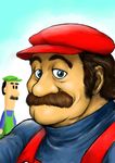  absurdres alternate_color big_nose blue_eyes blue_shirt brothers brown_hair caucasian commentary_request facial_hair green_hat green_overalls half-closed_eyes hat highres kuroi_kazuhiro long_sleeves looking_at_viewer luigi male_focus mario mario_(series) multiple_boys mustache non-asian nose old_man overalls realistic red_hat red_overalls shirt siblings solid_oval_eyes super_mario_bros. turtleneck wavy_hair wrinkled_skin 