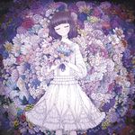  bangs blunt_bangs blush bob_cut bouquet brown_hair closed_eyes daisy dress felt flower frills holding leaf lily_(flower) lotus original pink_flower pink_rose plant purple_flower purple_rose rose short_hair solo tulip white_dress 