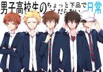  baseball_cap black_hair blazer blonde_hair brown_hair danshi_koukousei_no_nichijou facial_hair glasses hat jacket karasawa_toshiyuki male_focus mitsuo_(danshi_koukousei) motoharu_(danshi_koukousei) multiple_boys necktie saemi school_uniform striped striped_neckwear stubble tabata_hidenori tanaka_yoshitake translation_request 