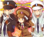  2boys alternate_costume bad_id bad_pixiv_id brown_hair english gloves grey_hair hat kisaki_nana kudari_(pokemon) multiple_boys necktie nobori_(pokemon) pokemon pokemon_(game) pokemon_bw salute touko_(pokemon) uniform whistle 