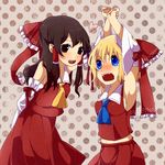  alice_margatroid armpits arms_up ascot blonde_hair blue_eyes blush bow breasts brown_eyes brown_hair cosplay detached_sleeves fang hair_bow hakurei_reimu hakurei_reimu_(cosplay) long_hair multiple_girls navel open_mouth polka_dot polka_dot_background short_hair sideboob small_breasts smile touhou tsuno_no_hito wrist_grab 