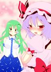  :o arms_behind_back blush bow detached_sleeves frog_hair_ornament green_hair hair_ornament halftone kochiya_sanae lavender_hair long_hair multiple_girls open_mouth red_eyes remilia_scarlet saki_chisuzu short_hair snake touhou 