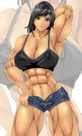  1girl abs alop-net arm_behind_head black_hair blue_eyes breasts character_request dark_skin halterneck highres large_breasts macto muscle short_shorts shorts solo source_request tank_top undressing 