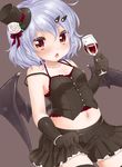  bat_wings black_gloves blue_hair blush bracelet cup drinking_glass gloves hair_ornament hairclip hat holding jewelry navel red_eyes remilia_scarlet simple_background skirt solo touhou wine_glass wings yukiu_kon 