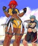  2girls abs ahoge artist_request belly blue_eyes blue_hair breasts brown_eyes dark_skin gloves hayate_shiori hips mikoyan muchigaku multiple_girls muscle plump red_hair skin_tight thick_thighs thighs wide_hips 