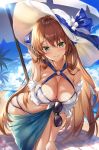  1girl bangs bare_shoulders beach beach_umbrella bikini blue_ribbon blue_sky blush breasts brown_hair cleavage closed_mouth girls_frontline green_eyes hair_between_eyes hair_rings hat highres hips large_breasts leaning_forward long_hair looking_at_viewer m1903_springfield_(girls_frontline) narae o-ring off_shoulder open_clothes open_shirt palm_tree ribbon sarong shirt sidelocks sky smile solo springfield_(girls_frontline) sun_hat sunglasses swimsuit swimsuits thighs tree umbrella wet white_bikini white_shirt 