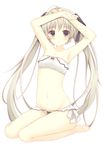  armpits arms_up barefoot bikini blush bow brown_eyes collarbone frills full_body groin hair_ribbon kasugano_sora long_hair looking_at_viewer navel ribbon silver_hair simple_background sitting solo swimsuit twintails very_long_hair white_background white_swimsuit yamcha_(cocololi) yosuga_no_sora 