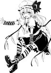  arm_warmers boots flandre_scarlet greyscale hat kojima_saya long_hair monochrome open_mouth outstretched_arm simple_background skirt skirt_set solo striped striped_legwear thighhighs touhou wings 