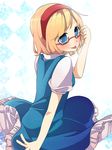  :p adjusting_eyewear alice_margatroid bespectacled blonde_hair blue_eyes blush glasses hairband profile red-framed_eyewear short_hair solo tongue tongue_out touhou tsuno_no_hito 